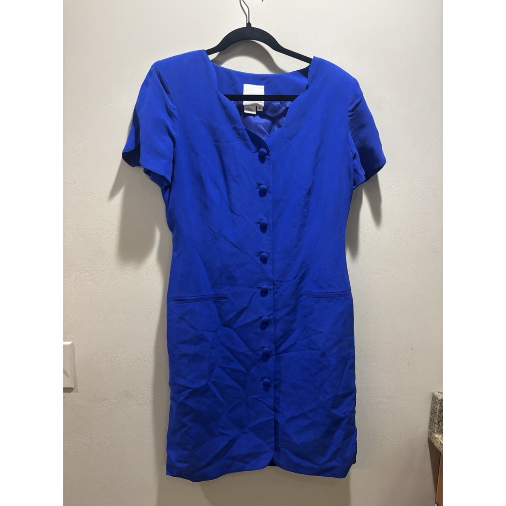 En Avance Vintage Royal Blue 100% Silk Button Detail Dress Size 8 Career Church